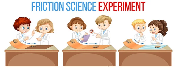 Experimento Ciencia Fricción Con Ilustración Niños Científicos — Vector de stock