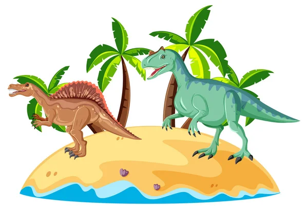 島のイラストに恐竜スピノサウルスとカルノタウルスとのシーン — ストックベクタ