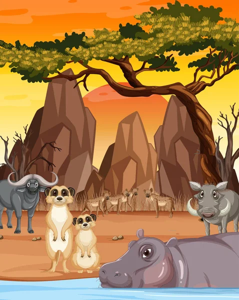 Savannenwaldszene Mit Wilden Tieren Illustration — Stockvektor
