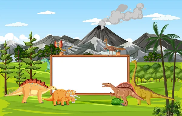 Cena Com Dinossauros Quadro Branco Ilustração Floresta — Vetor de Stock