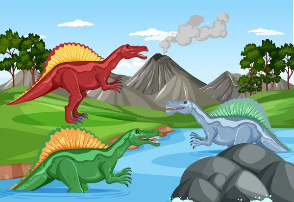 Dinosaurus Prehistorische Bos Scène Illustratie — Stockvector