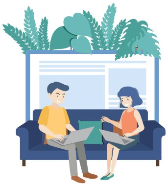 Ev illüstrasyonunda bilgisayarda çalışan insanlar