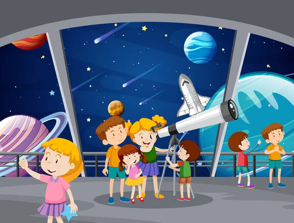 천문대 삽화에서 망원경으로 지구를 바라보는 아이들 — 스톡 벡터