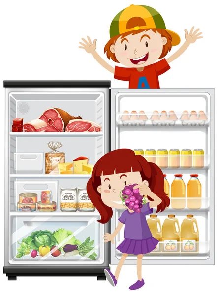 Children Refrigerator Lots Food Illustration — Stock Vector