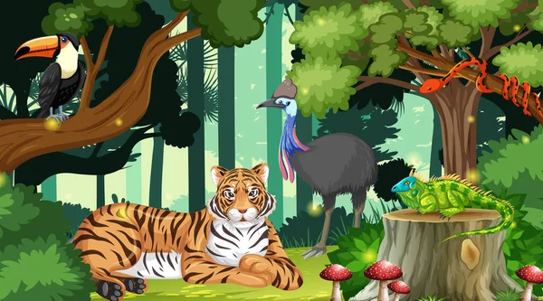 Ormanın Derinliklerinde Vahşi Hayvanların Olduğu Sahne — Stok Vektör