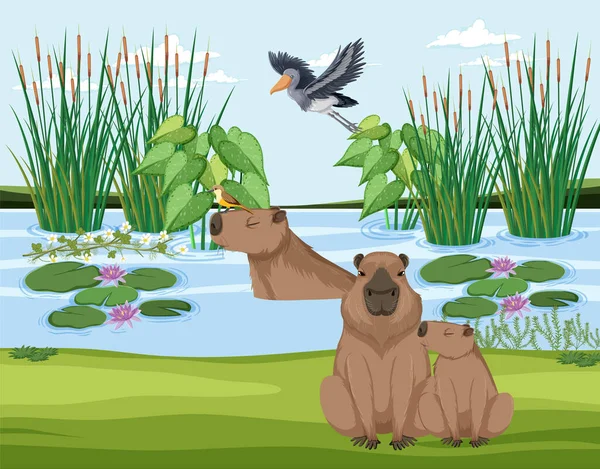 Capybara Ζουν Στην Εικόνα Λίμνη Φύση — Διανυσματικό Αρχείο