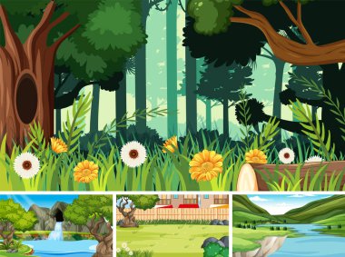 Birçok ağaç ve şehir illüstrasyonuyla doğa sahnesi