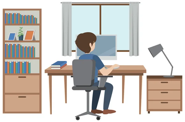 Uomo Che Lavora Con Computer Portatile Disegno Piatto Illustrazione — Vettoriale Stock
