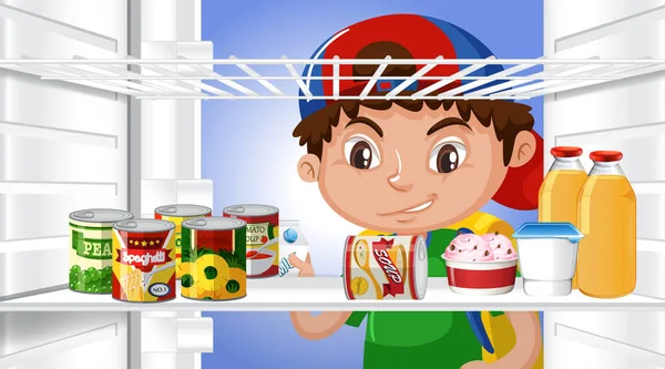 Αγόρι Κοιτάζοντας Τρόφιμα Στην Απεικόνιση Ψυγείο — Διανυσματικό Αρχείο