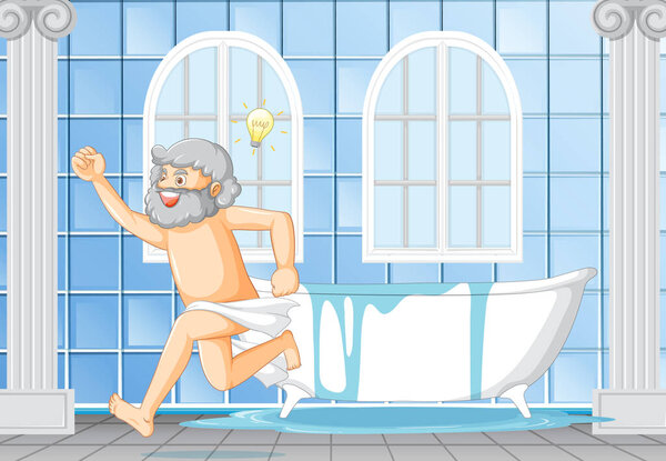 Happy Archimedes with bathtub illustration