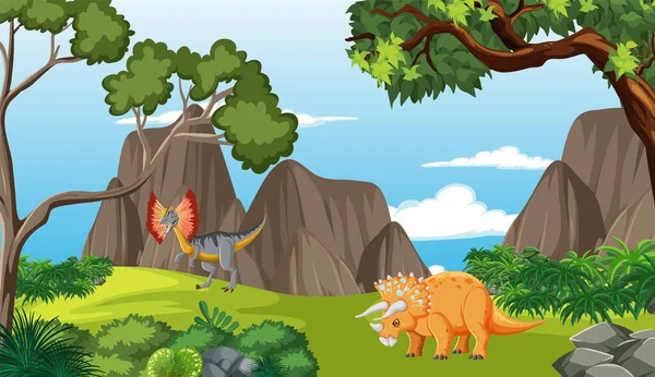 Φύση Σκηνή Δέντρα Στα Βουνά Απεικόνιση Δεινοσαύρου — Διανυσματικό Αρχείο