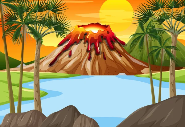 Scen Med Flod Och Vulkan Illustration — Stock vektor