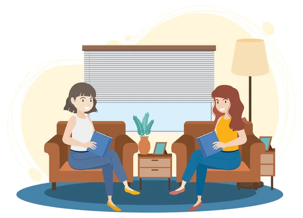 People Spending Time Living Room Illustration — Stock Vector