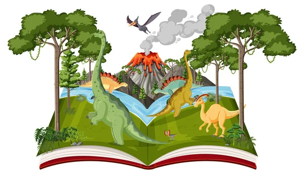 Книга Сценой Динозавров Лесной Иллюстрации — стоковый вектор