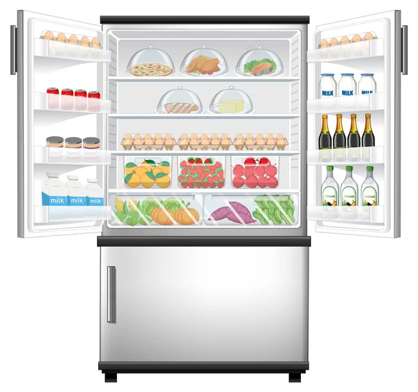 Hűtőszekrény Sok Élelmiszer Illusztráció — Stock Vector