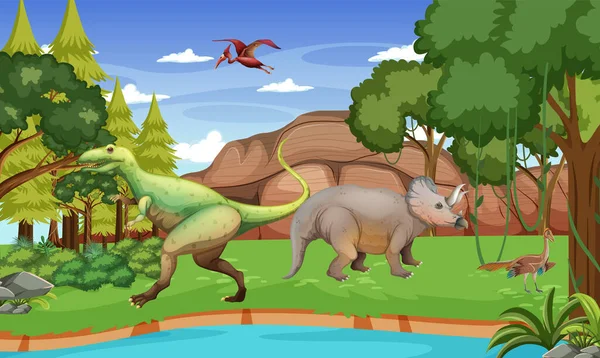 Přírodní Scéna Stromy Horách Dinosauří Ilustrací — Stockový vektor
