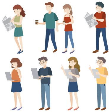 Ofis illüstrasyonunda çalışan düz iş adamları