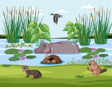 Capybara illüstrasyonlu sulak alan sahnesi