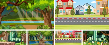 Birçok ağaç ve nehir resimli doğa sahnesi