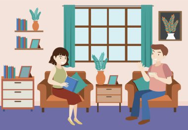 Oturma odasının içi düz tasarım konsept çizimleriyle dolu.