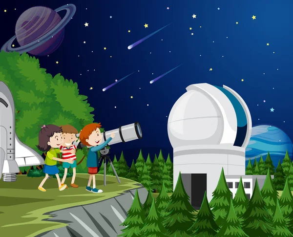 Kids Kijken Naar Planeet Met Telescoop Illustratie — Stockvector