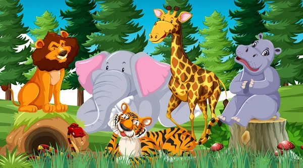 Animaux Sauvages Dans Jungle Illustration — Image vectorielle
