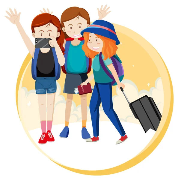 Happy Girls Group Travel Holiday Theme Backpack Illustration — стоковый вектор