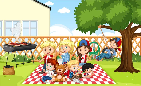 Szene Mit Vielen Kindern Beim Picknick Park Illustration — Stockvektor