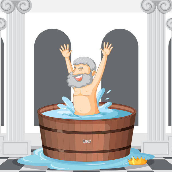 Archimedes in bathtub cartoon  illustration