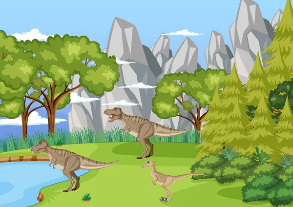 Přírodní Scéna Stromy Horách Dinosauří Ilustrací — Stockový vektor