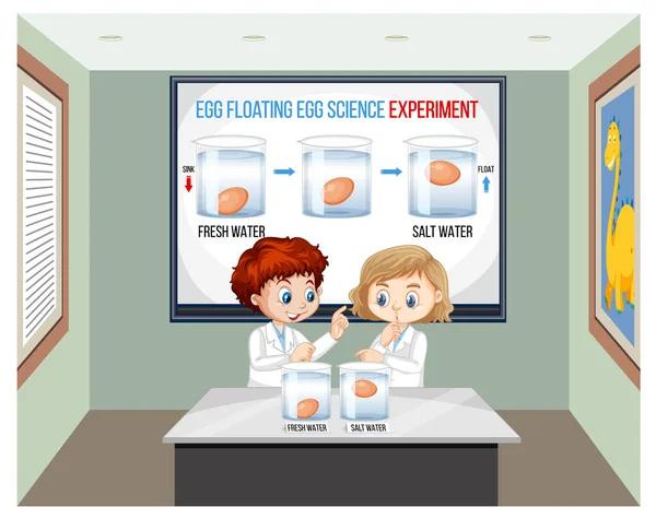 Vědci Děti Místnosti Vajíčkem Plovoucí Věda Experiment Ilustrace — Stockový vektor