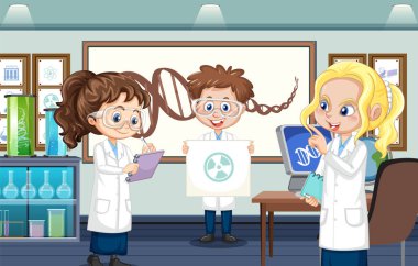 Bilim adamı illüstrasyonuyla kimyasal deneyler için bilim laboratuvarı