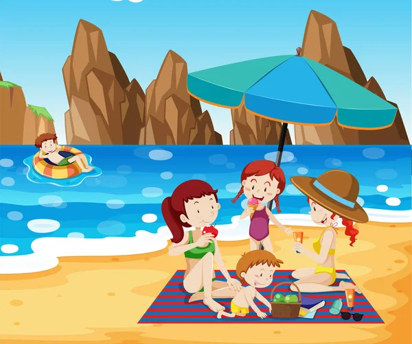 Μια Οικογένεια Καλοκαιρινές Διακοπές Στην Παραλία Απεικόνισης — Διανυσματικό Αρχείο