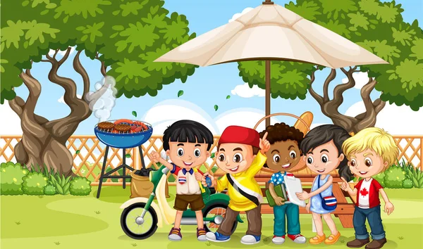 Outdoor Park Szene Mit Kindern Illustration — Stockvektor