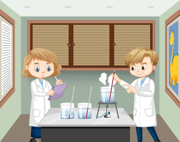 水温実験イラストを説明する科学者の子供たち — ストックベクタ