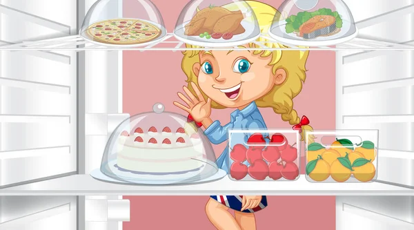 Κορίτσι Κοιτάζοντας Τρόφιμα Στην Απεικόνιση Ψυγείο — Διανυσματικό Αρχείο