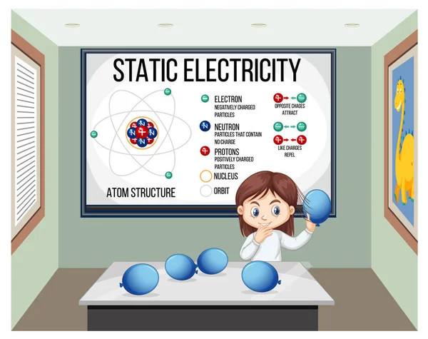 Scientist Girl Doing Static Electricity Science Experiment Illustration — Stock Vector