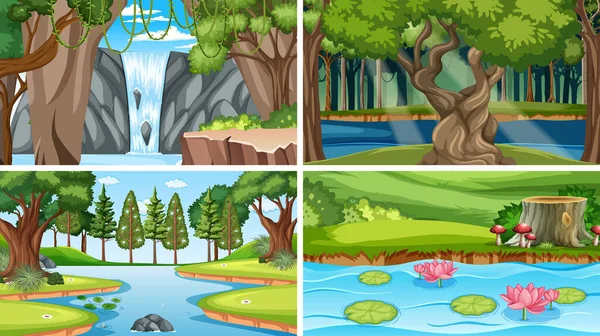 Φύση Σκηνή Πολλά Δέντρα Και Εικονογράφηση Ποταμού — Διανυσματικό Αρχείο