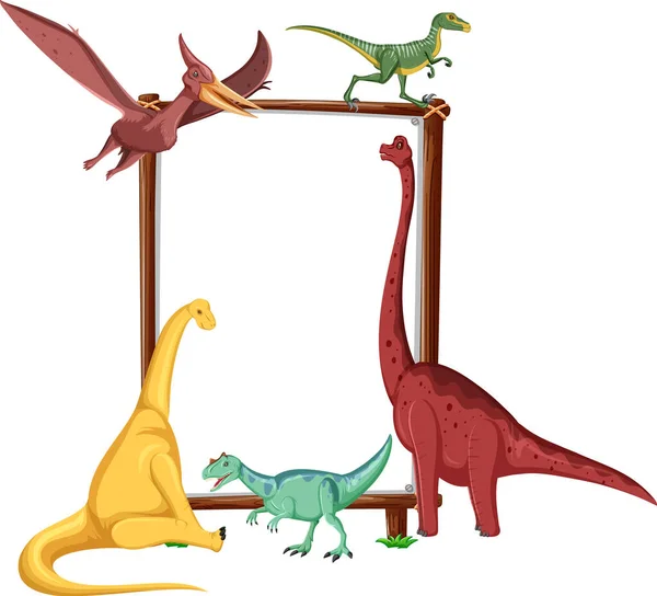 Group of dinosaurs around board on white background illustration