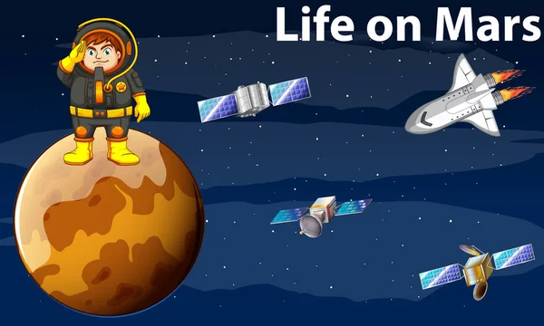 Uma Nave Espacial Astronauta Espaço Com Ilustração Texto Vida Marte — Vetor de Stock
