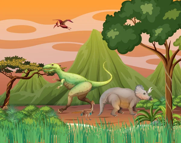 Сцена Динозаврами Лісі Ілюстрація — стоковий вектор