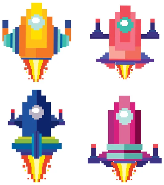 Set Pixel Game Spaceships Isolated Illustration — Stock Vector