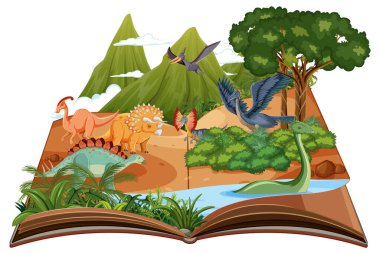 Açık hava doğa sahnesi ve dinozor illüstrasyonu içeren bir kitap aç
