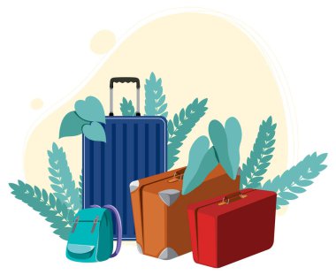 Birçok bavul illüstrasyonlu bayram öğeleri kavramı