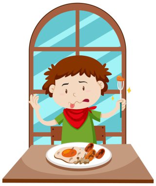 Çocuk yemek masasında kötü yemek yiyor.