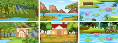 Birçok ağaç ve nehir resimli doğa sahnesi