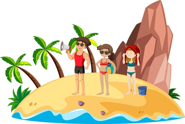 Isla Tropical Con Gente Vacaciones Ilustración — Vector de stock