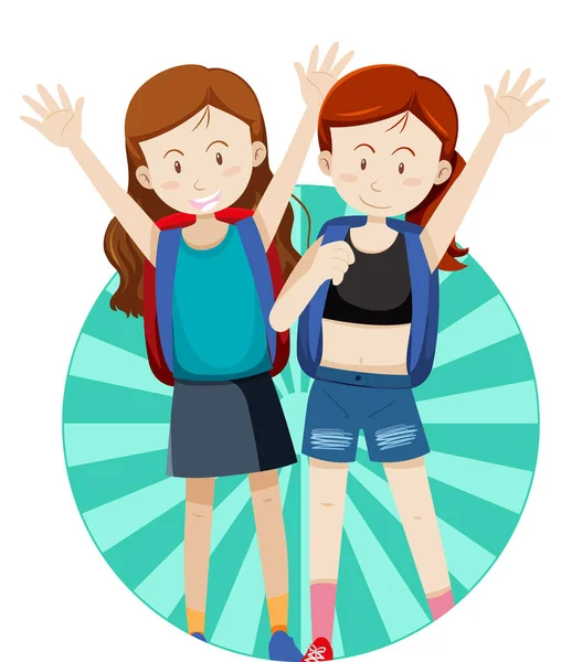 Happy Girls Podróży Motyw Wakacje Plecakiem Ilustracji — Wektor stockowy