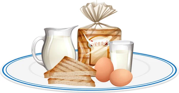 パンとミルクのイラストと朝食の食事 — ストックベクタ