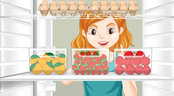 在冰箱插图里看食物的女孩 — 图库矢量图片